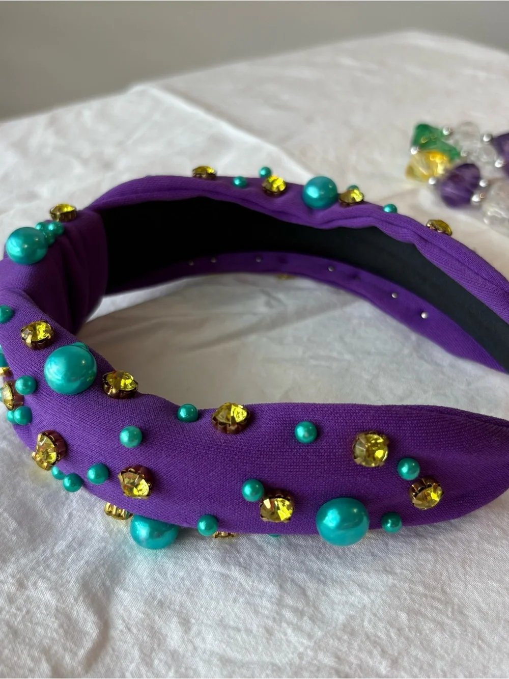 Mardi Gras Purple Knotted Headband with Turquoise Beads and Gold Accents
